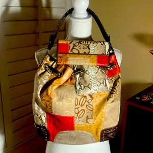 🤎👛Bebe Multi Colored Heavy Fabric Purse W/ Brown Leather & Gold Chain Size L